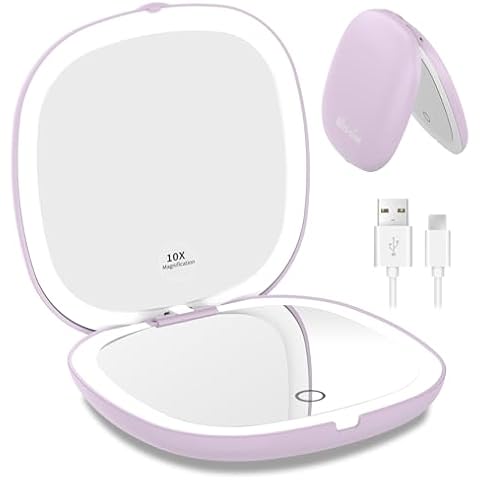 wobsion Travel Mirror with Light, Rechargeable 1x/10x Compact Magnifying Mirror, Dimmable Pocket Mirror,Handheld 2-Side Mirror with Light,4inch Travel Size,Portable for Handbag,Purse,Gift,Purple Cover