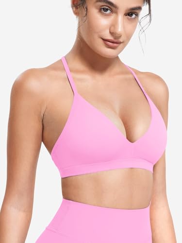 Image of YEOREO CoreFlex Sports Bras for Women Strappy Padded Halter Open Back Light Impact Deep V Neck Yoga Workout Gym Tops