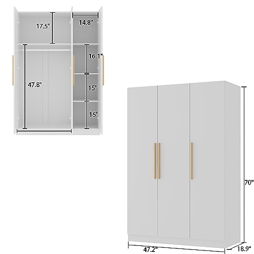 AIEGLE 3 Doors Wardrobe Armoire Closet, Large Freestanding Armoire Wardrobe Cabinet with Shelves & 2 Hanging Rod, Bedroom Wood Clothes Storage Cabinet Organizer, White (47.2" W x 19.7" D x 70" H) - Thumbnail 2