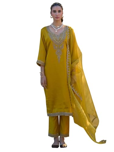 Image of INDO ERA Women's Silk Blend Embroidered Straight Kurta and Pant with Dupatta Set (KH9BK6210)