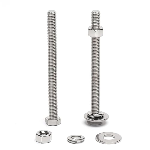 (7 Sets) 5/16-18 x 5" Hex Head Screw Bolt, Nuts, Flat Washer &amp; Spring Lock Washers, 18-8 (304) Stainless Steel, Fully Threaded, by Skvltvfyt