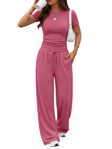 Image of Trendy Queen 2 Piece Matching Summer Lounge Set Womens Side Ruching Top Wide Leg Pants Sets with Pockets