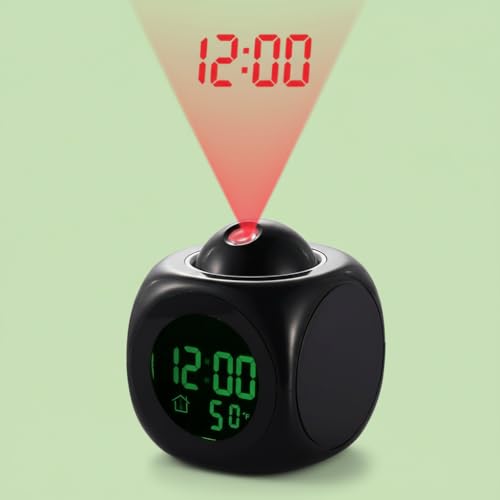 Image of LAZYwindow Digital LED Projection Alarm Clock with Voice Talkback | Adjustable Ceiling Projector & LCD Temperature Display | Night Light & Table Clock for Bedroom (Black)