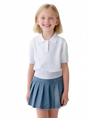Image of Girls Short Sleeve Polo Shirt V Neck Button Down Shirts Summer Knit School Uniform Crop Tops