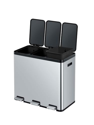 EKO Pattumiera Differenziata 3 Scomparti 20L + 20L + 20L | Acciaio Inox Antimpronta | Pedali Indipendenti | Chiusura Silenziosa