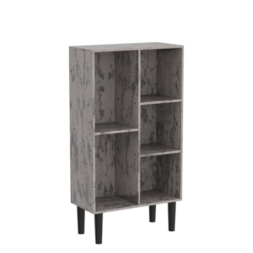 5 Cube Small Bookshelf,3 Tier Mid-Century Modern Bookcase with Legs,Wood Bookshelves Storage Organizer Shelf,Free Standing Narrow Book Shelves,Rustic Grey Corner Bookcases for Bedroom,Living Room