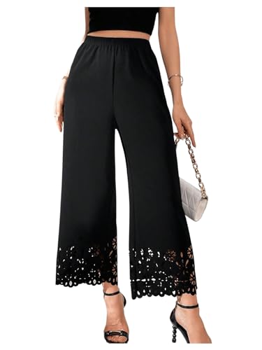OYOANGLE Women's Wide Leg Pants Cut Out Scallop Trim High Elastic Waisted Pants Casual Office Long Pants4