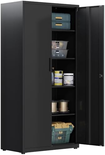 Metal Cabinet Garage Cabinet 5 Shelves Lockable Office Cabinet wi...