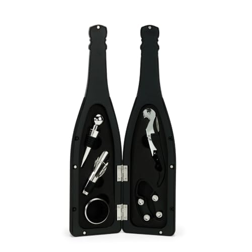 Kit Vinho 5 Peças em Estojo Formato Garrafa, 32 cm, com Saca-rolhas, Bico Condutor, Wine Collar e Cortador de Lacre, Preto