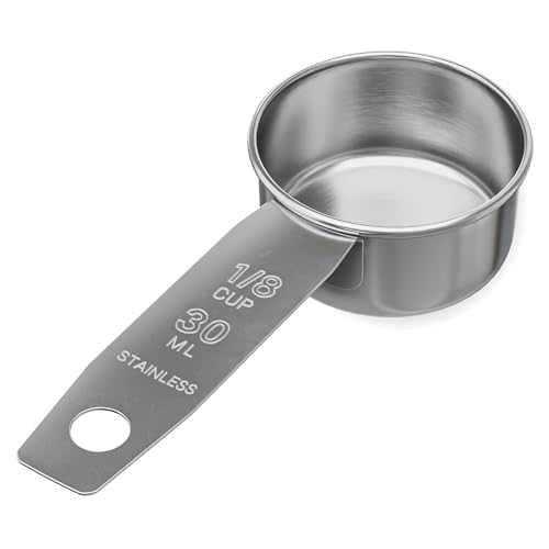 1/8 Cup Stainless Steel Measuring Cup | Sturdy Metal 30 ml | 30 cc | 1 oz | Single Cup for Wet and Dry Ingredients | Great for use as 1/8 Cup Coffee Scoop - 1 PK