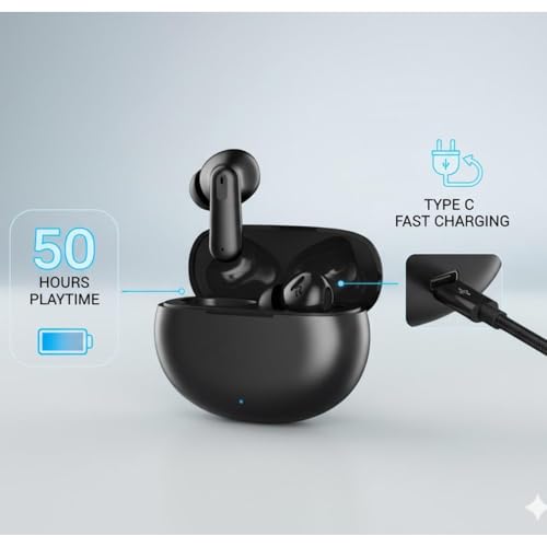 Image of Buds 3 TWS with ENC Bluetooth V5.4 Wireless Headphones, 40Hrs Playtime, Deep Bass, Low Latency, Stereo Calls, Snug-fit TWS Earbuds, Smooth Touch Control & Fast Charging, Black
