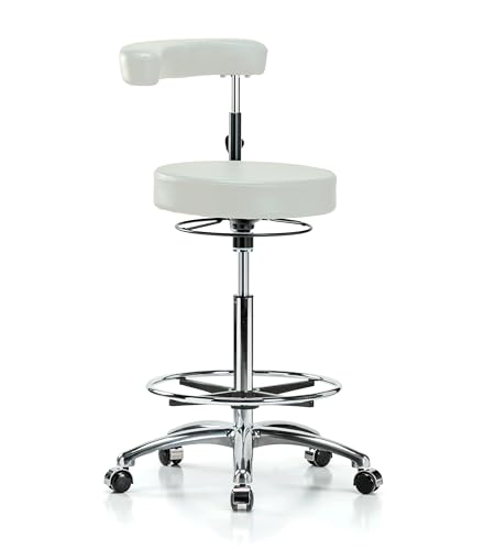 Image of Perch Chrome Rolling Dental Stool Adjustable Height with Procedure Arm and Foot Ring | High Bench Height 24.5-32 inch | Off-White Vinyl