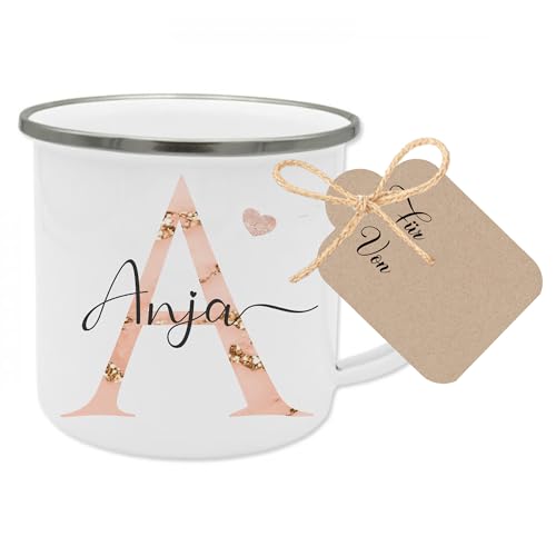 Manufaktur Liebevoll | Tasse Name Personalisiert Tasse mit Anfangsbuchstaben Personalisierte Tasse Name Emaille Geschenk Frau in Rosa