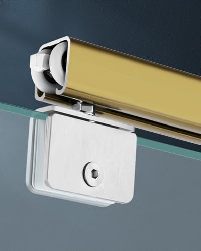 Herrajes para puerta corredera de granero, sistema de riel de puerta corredera de vidrio sin marco resistente con riel de aluminio de montaje superior y abrazadera de panel de vidrio de acero