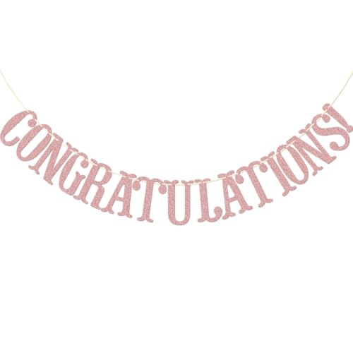 Image of Congratulations Banner, Graduation Party Decor | Rose Gold Glitter Congrats Sign for Retirement, Wedding, Job Promotion Party Decorations, Pre-strung