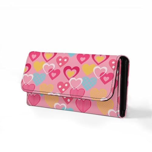 Image of AFPANQZ Leather Wallets for Women Clutch Card Slots Phone Holder Trifold Purses Card, Love Heart Pink Large Capacity Card Key Cash Storage Bags Zipper Handbag