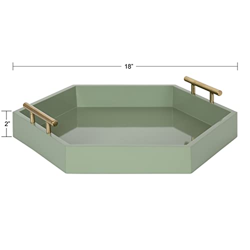 Image of Kate and Laurel Lipton Modern Hexagon Tray; 18 x 18; Sage Green with Gold Handles; Midcentury Decorative Serving Tray for Storage and Display in Living Room Decor Scheme
