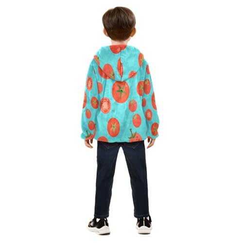 Tomato Pattern on Blue Background Toddler Fleece Jacket Girl Boys Hooded Fleece Jacket Coat Warm Outwear Zip-up 3-10T4