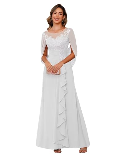 Lace Appliques Mother of The Bride Dresses with Ruffle Chiffon Cap Sleeve Evening Formal Dress PU203