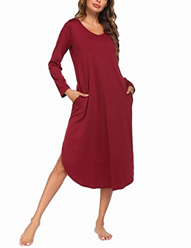 ADOME-Nachthemd-Damen-Langarm-Nachtwaesche-Baumwolle-Sleepshirt-Sleepwear-Lange-Kleid-Herbst-Freizeitkleid-V-Ausschnitt-High-Low-Nachtkleid-mit-Taschen