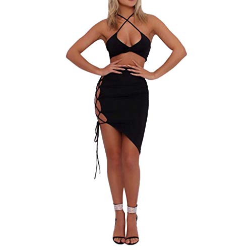 Women Two Piece Outfits Set Strappy Criss Cross Backless Sleeveless Crop Top with Side Lace Up Skirt Pushup Bandage Bodycon Outfits Mini Dress Sexy Party Night Clubwear