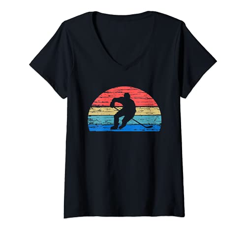 Womens ICE HOCKEY PLAYER FAN RETRO SUNSET VINTAGE STYLE STICK V-Neck T-Shirt, Black
