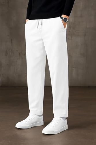 Image of BLUECORP ENTERPRISE Men's White Corduroy Casual Pants, Straight Leg, Drawstring Waist, Pockets