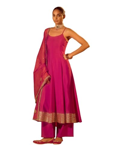 Image of FIORRA Women's Pink Viscose Chanderi Embroidered & Gota Patti Work Ethnic A-Line Kurta Set with Dupatta