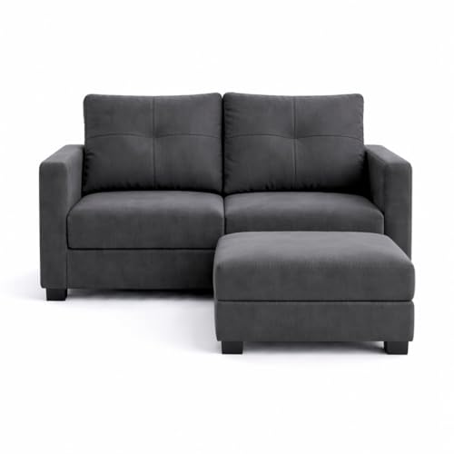 Image of FURNY Heritage 2 Seater Fabric Sofa Set with 1 Ottoman (Dark Grey) with Velvet Finish | Durable Comfort | Ideal for Living Room.