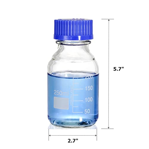 Yopay 10 Pack Media Storage Bottles with GL45 Blue Screw Cap, 250ml Reusable Glass Bottle, Round Scientific Glass Container for Labs, Classrooms or Home Use