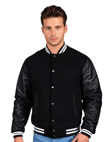 Image of Deckra Men's Varsity Jacket Genuine Leather Sleeve and Wool Blend Letterman Boys College Varsity Jackets XS-5XL