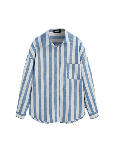 CIDER Santorini Beach Vacation Linen-Blend Collar Striped Pocket Long Sleeve Shirt