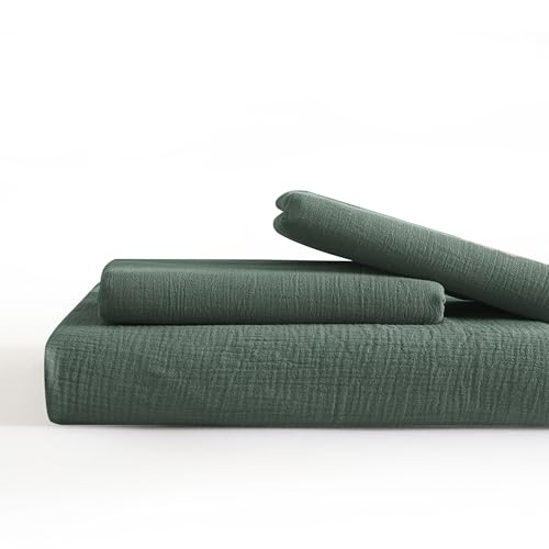 SE SOFTEXLY Muslin Duvet Cover California King Size, 100% Washed Cotton Duvet Cover Set, Ultra Soft Comforter Cover Linen Like, 3 Pieces Gauze Duvet Cover with 2 Pillowcases, 98"x104", Forest Green