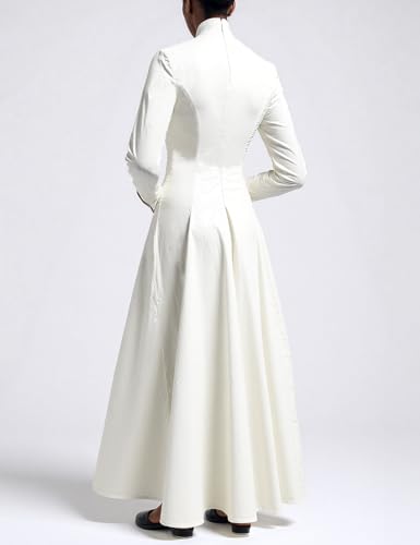 Women's Elegant PU Faux Leather Dress Long Sleeve A-Line Chic Party Wedding Formal Dresses Fashion Highneck Design3