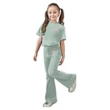 2 Piece Sets for Girls Cute Bowknot Graphic Short Sleeve Tops Flared Pants Summer Outfits Fashion Clothing Set 5-14 Years