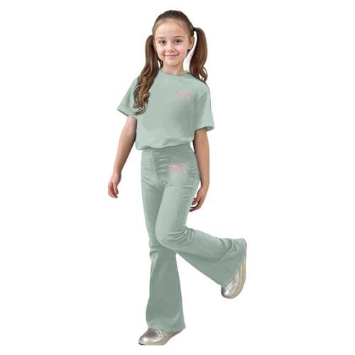 2 Piece Sets for Girls Cute Bowknot Graphic Short Sleeve Tops Flared Pants Summer Outfits Fashion Clothing Set 5-14 Years