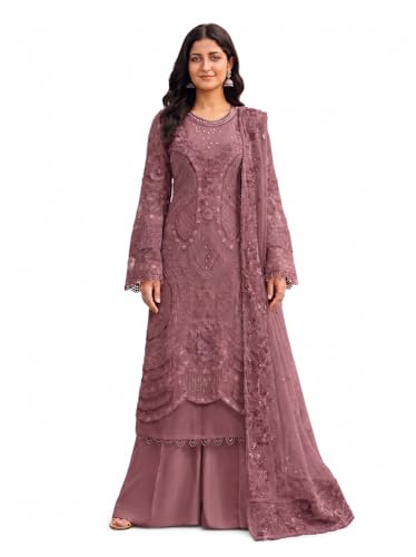 Image of RUDRAPRAYAG Women's Georgette Fabric Wih Embroidered Sequence Work And On Neck Moti Hand Work Semi Stitched Sharara Salwar Suit With Dupatta Set