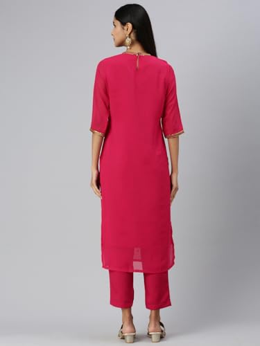 Image of Saanjh Women's Faux Georgette Embellished Printed Straight Kurta with Bottom||Kurta Set