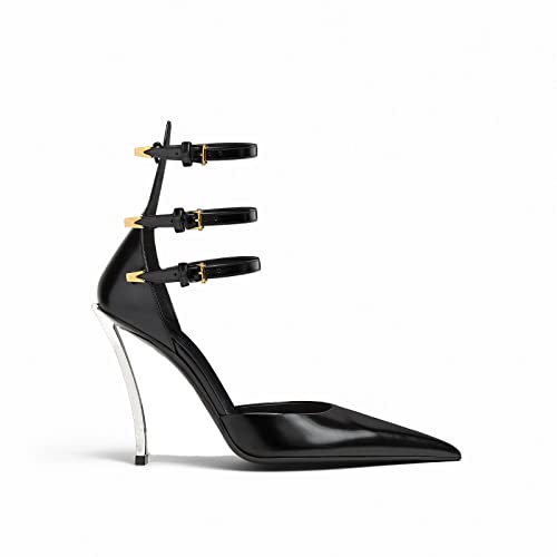 THESHY Womens Ankle Strap Metal Stiletto High Heel Pointy Pumps Buckle Up Fashion Dress Party Pumps