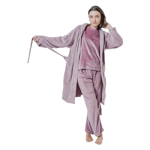 TRAMAS+ Bata para Mujer de Invierno, de Coralina, con Cinturón Ajustable, Ropa cómoda para estar en Casa – XL, Berenjena Seco