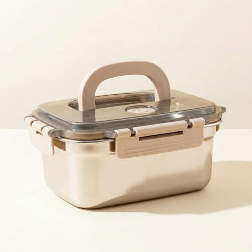Image of Stainless Steel Lunch Box Leakproof Airtight with Handle, Food Grade Durable Tiffin Box for Office School Travel, Microwave & Dishwasher Safe, 1500ML, Silver /Beige