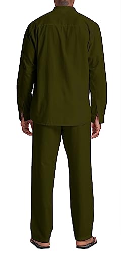 SIENDIU Herren-Leinensets, Henley-Shirts, 2-teilig, Urlaubs-Outfits, Strandkleidung, Freizeitanzug, Langarm-Shirt, Yogahose, Sommer, Grün (Army Green), Large