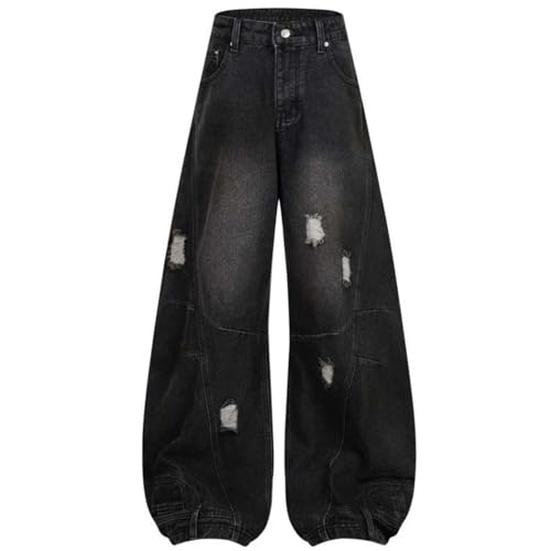 Men's Wide Leg Ripped Patchwork Jeans, Vintage Denim, Loose Fit, Streetwear Hip Hop Style