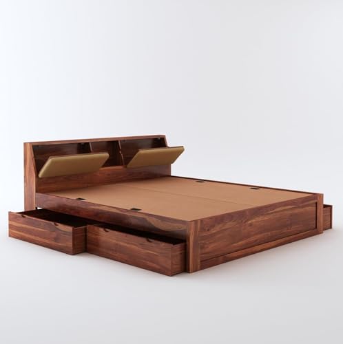 Image of STRATA FURNITURE Sheesham Wood King Size Bed with Drawer Storage Solid Wood Double Bed Palang | Wooden Bed for Bedroom Living Room Furniture (Honey Finish)