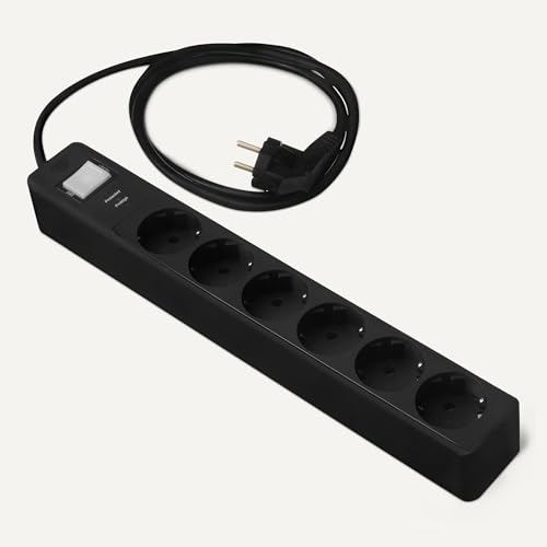 Amazon Basics Steckdosenleiste mit Überspannungsschutz (600 Joule) und Sicherheitsklappen, 6 Steckdosen, Schwarz, 1,4m