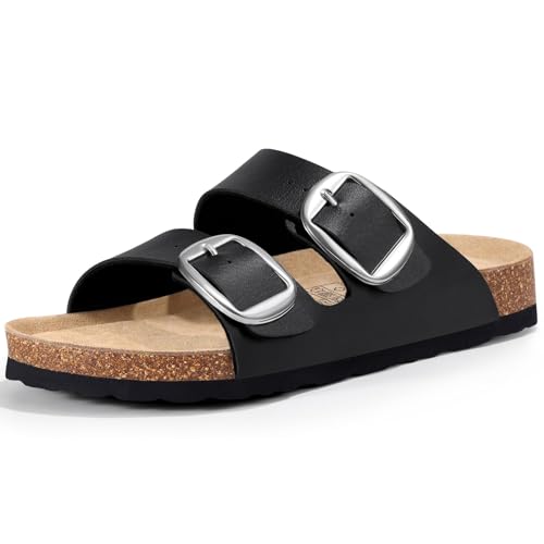 Image of KIDMI Women's Cork Footbed Slide Sandals Comfortable Arch Support Outdoor Sandal with Big Adjustable Buckle for Summer
