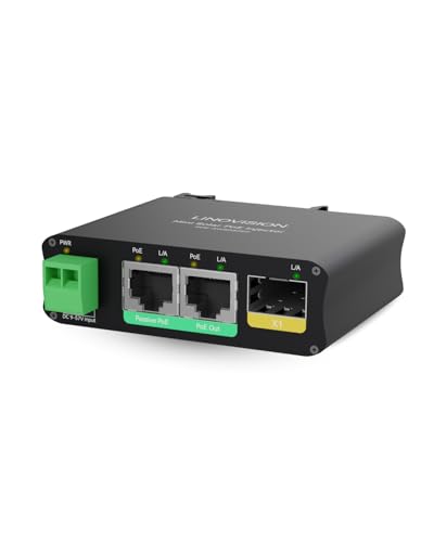 Image of LINOVISION 2 Ports Mini 12V Solar PoE Switch with SFP Uplink, 9-57V DC Input, 802.3af /at 48V PoE & Passive 24V PoE Output, DIN Rail, for Solar Camera & Vehicle Systems