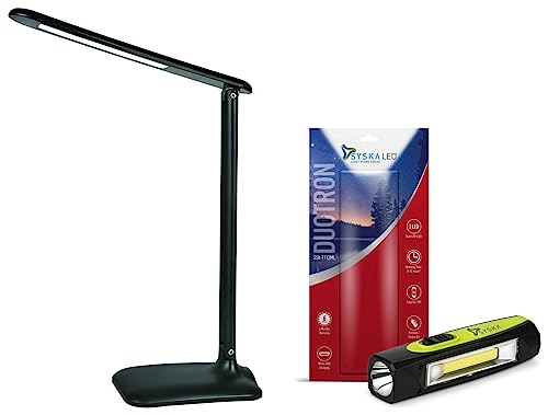 Image of PHILIPS Air Desk Light, 5 watt, Air-Light Minimalistic Design, Perfect Table lamp for Study and Office use, Black, Pack of 1 & SYSKA T112ML DUOTRON 1W Bright Led Rechargeable Torch (1, Green)