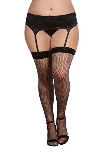 Dreamgirl womens Plus Size Fishnet Thigh High Back Seam Stockings With Bow Detail on Back Hosiery, Black, One Size-X-Large US