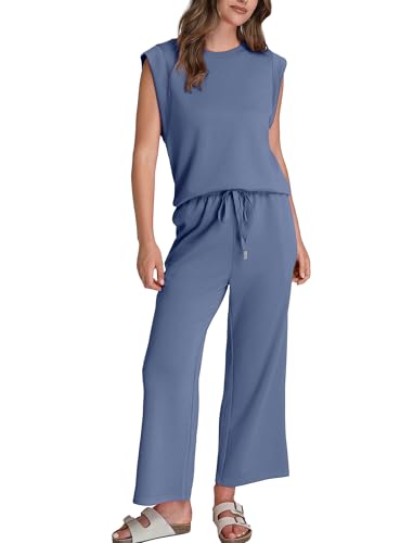 Image of SAMPEEL Two Piece Sets for Women Casual Travel Vacation Outfits Summer Wide Leg Crop Pants Lounge Sets